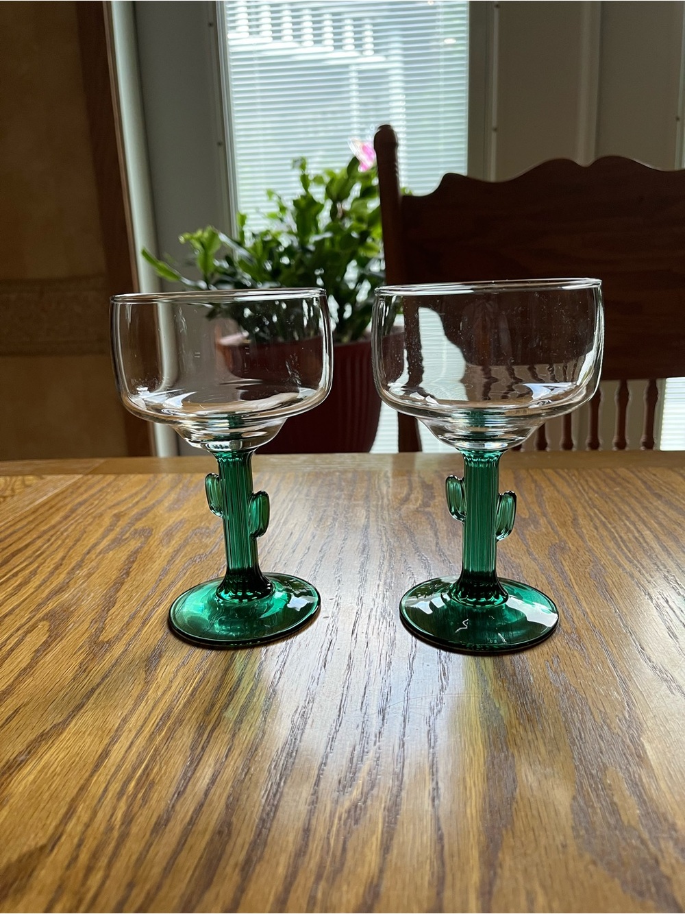 Set of 2 Green Cactus Stem Margarita Glasses Western Themed Glassware